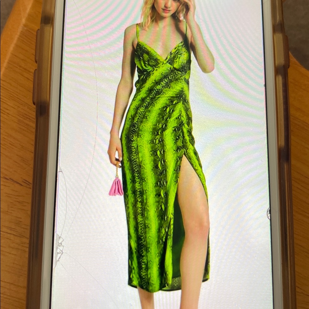 ESSENTIEL ANTWERP DONATELLA LIME GREEN MIDI-LENGTH SNAKE PRINT SLIP DRESS NWOT